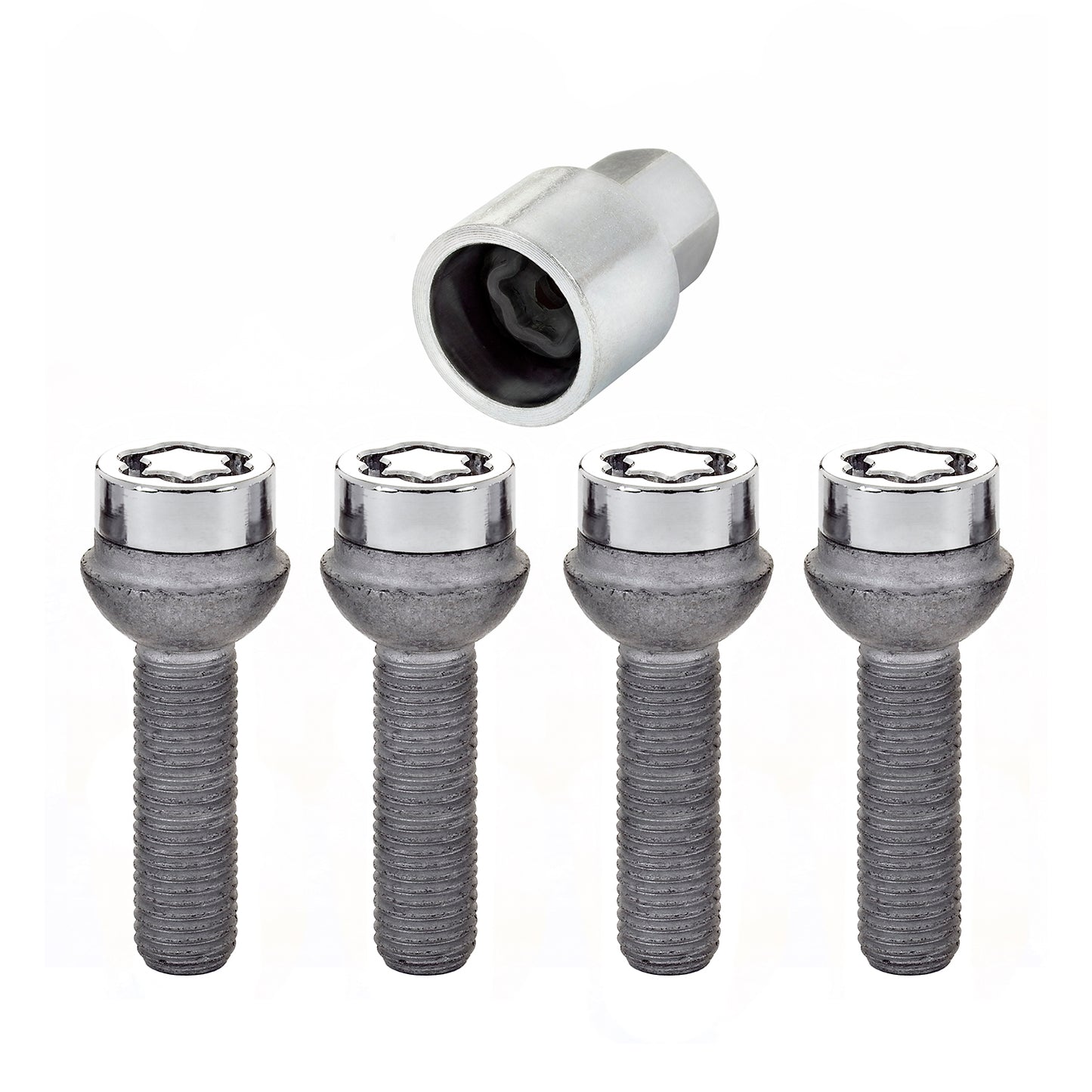 McGard 28023. Chrome Bolt Style Radius Seat Lock Bolt Set (M12 x 1.5 Thread Size)
