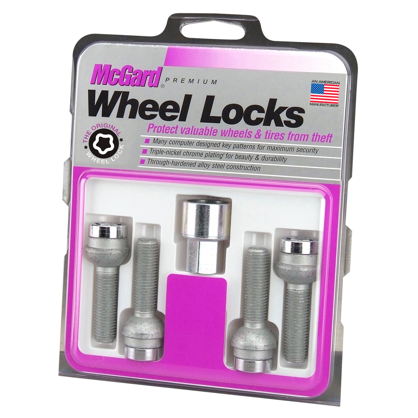 McGard 28023. Chrome Bolt Style Radius Seat Lock Bolt Set (M12 x 1.5 Thread Size)