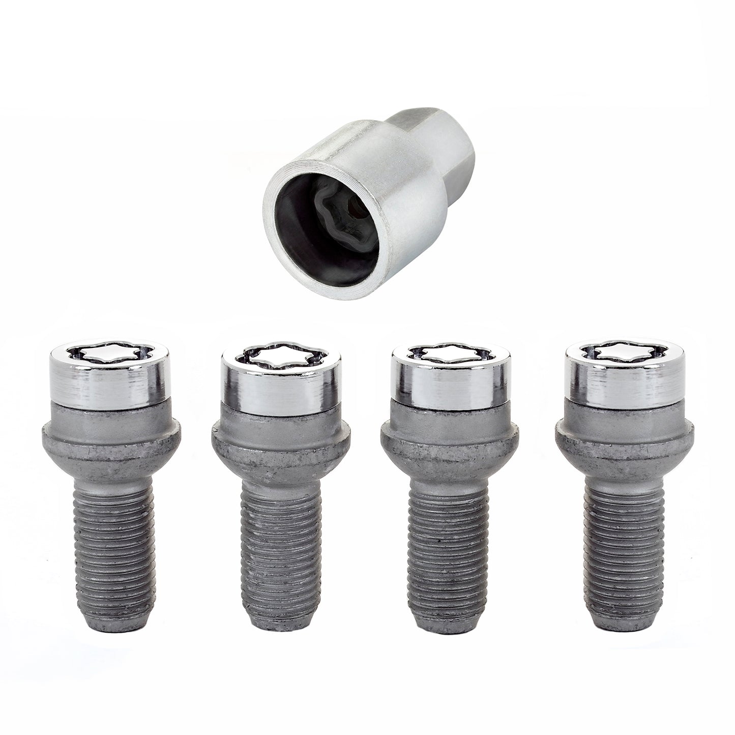 McGard 28018. Chrome Bolt Style Radius Seat Lock Bolt Set (M14 x 1.5 Thread Size